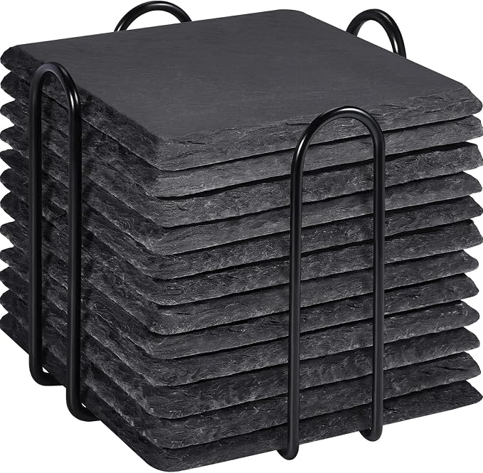 Slate Drink Coasters with Holder, 4 Inch 12 Pieces Square Rustic Coasters Black by MAPRIAL