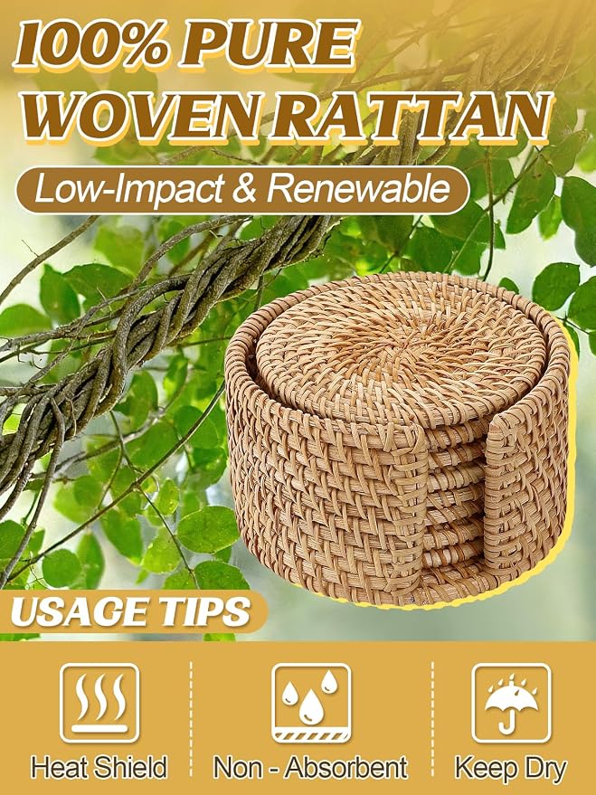 8Pcs Handmade Natural Rattan Coasters Set - Image 3