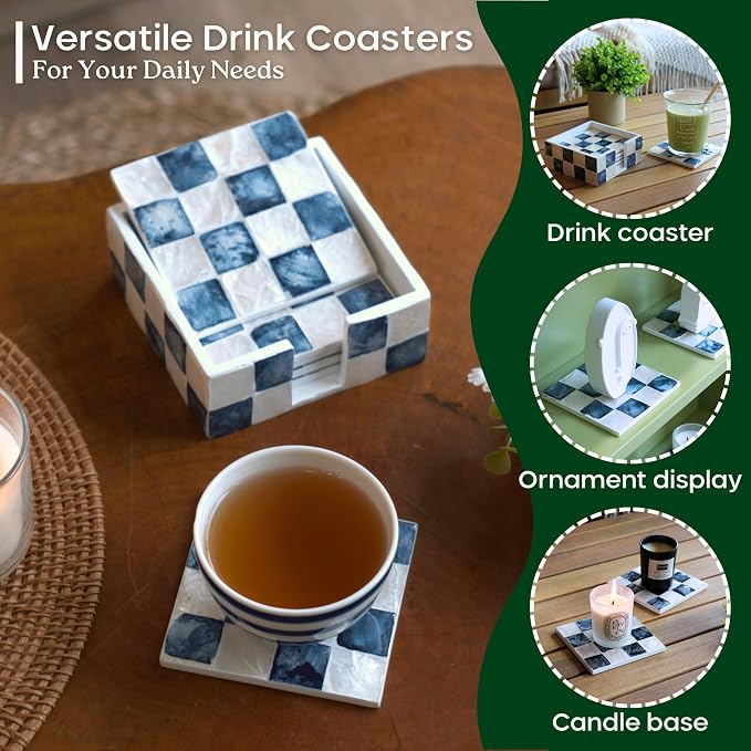 4" Capiz Checkered Square Coasters Set 6 - Image 6