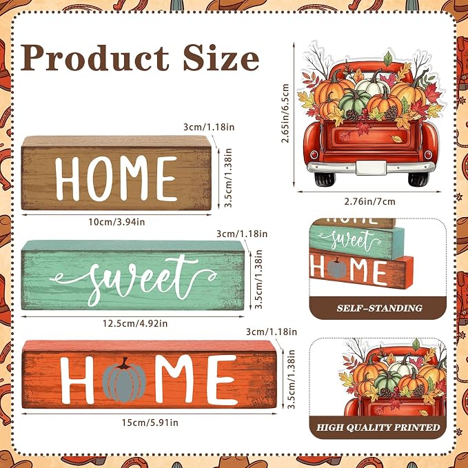 Cinnvoice 4 Pcs Fall Truck Pumpkin Wooden Block Decor Farmhouse Tiered Tray - Image 3