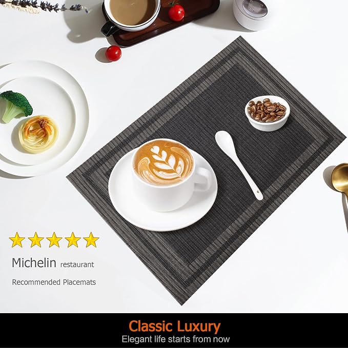Black Gold Vinyl Placemats Set of 8, Heat Resistant Table Placemats | 18x12 - Image 2