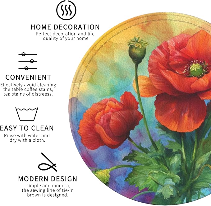 Red Flowers Coasters Leather Round Drink Coasters 6 Pcs Set - Image 4