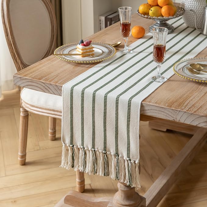 Caflife Boho Table Runner 60 Inchs Long Green and Beige, Cotton and Linen Woven - Image 2