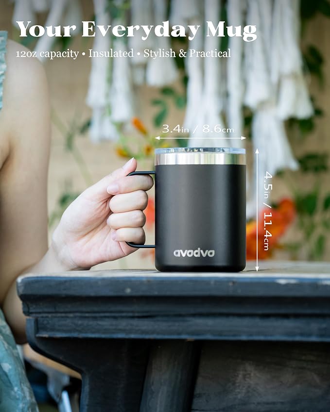 12oz Insulated Coffee Mug with Lid – Includes Two Lids, Stainless Steel Coffee - Image 3