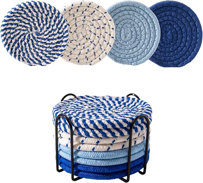 Drink Coasters Set of 8 with Holder, Cotton Woven by Unknown