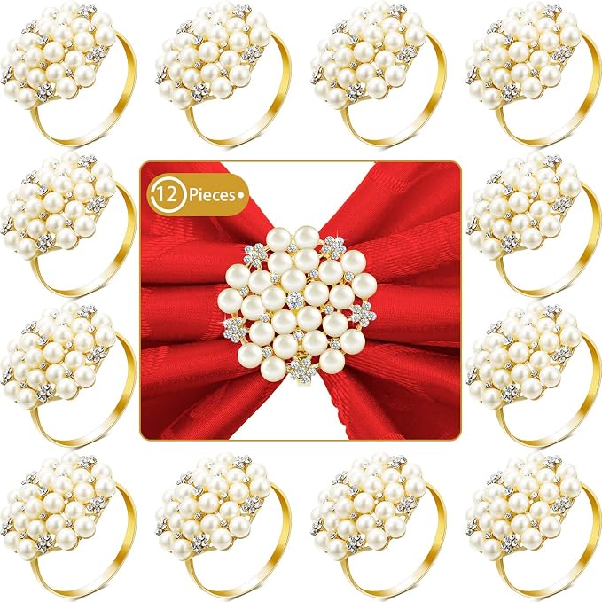 Hotop 288 Pcs Gold Napkin Rings Pearls and Flower Napkin Buckles Rhinestone by HOTOP