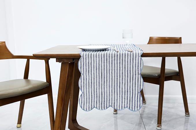 100% Natural Linen Rustic Scalloped Embroidery Table Runner 36 Inches, Linen by AORISSI