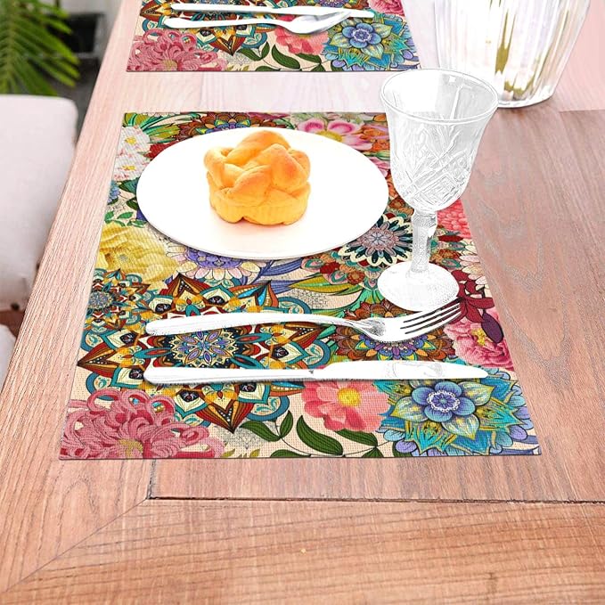 Boho Floral Placemats Set of 4, Colorful Dining Table Mats 12"x18" | Flowers - Image 2
