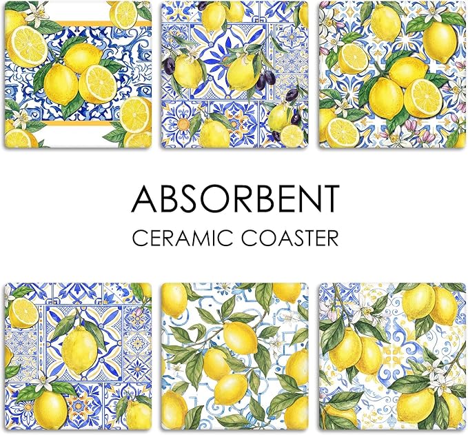 Lemon Yellow Coasters for Drinks, Ceramic Stone | Blue Fruit Tile Absorbent - Image 6