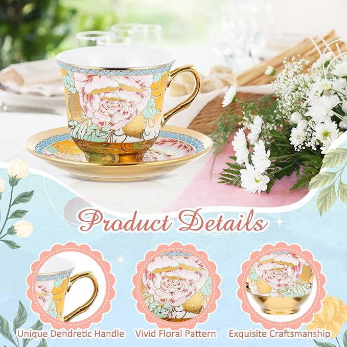 Teenyyou Set of 18 Tea Cups and Saucers Tea Party Decorations Floral Porcelain - Image 7