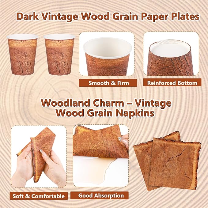 Kochorie 96 Pieces Wood Grain Slice Tableware Sets Rustic Wood Party Supplies - Image 4