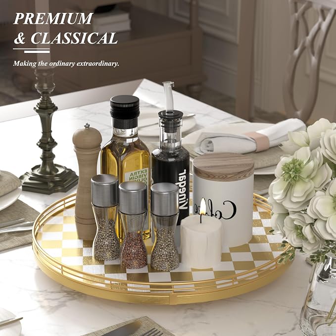 AMH 16-Inch Gold and White Checkerboard Lazy Susan - Image 5