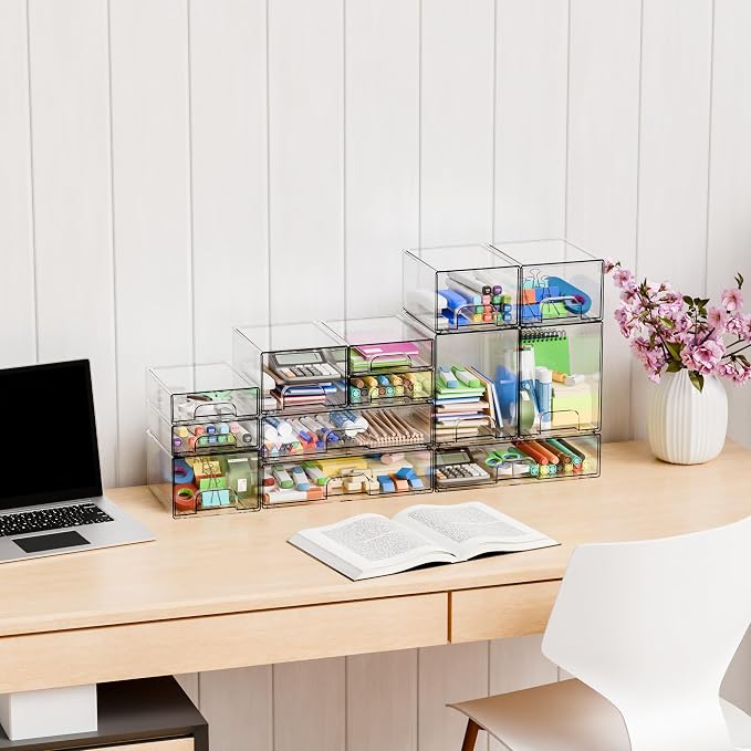 6 Pack Small Stackable Storage Drawers, 4.4 Inch Tall Stacking Acrylic Clear - Image 6