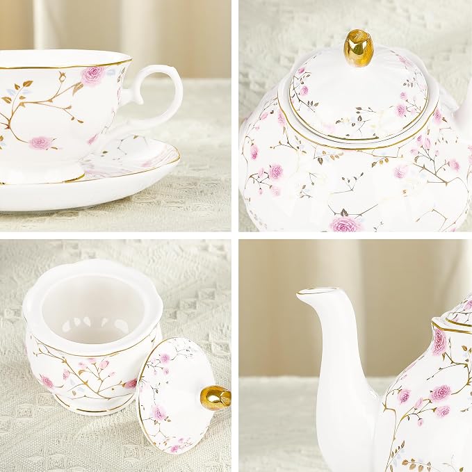 fanquare 21-Piece Gold Vine Floral Porcelain Tea Sets - Image 4