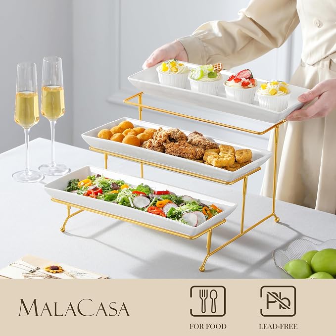 MALACASA 3 Tier Serving Trays for Party, 14 Inch Porcelain White Trays for - Image 3