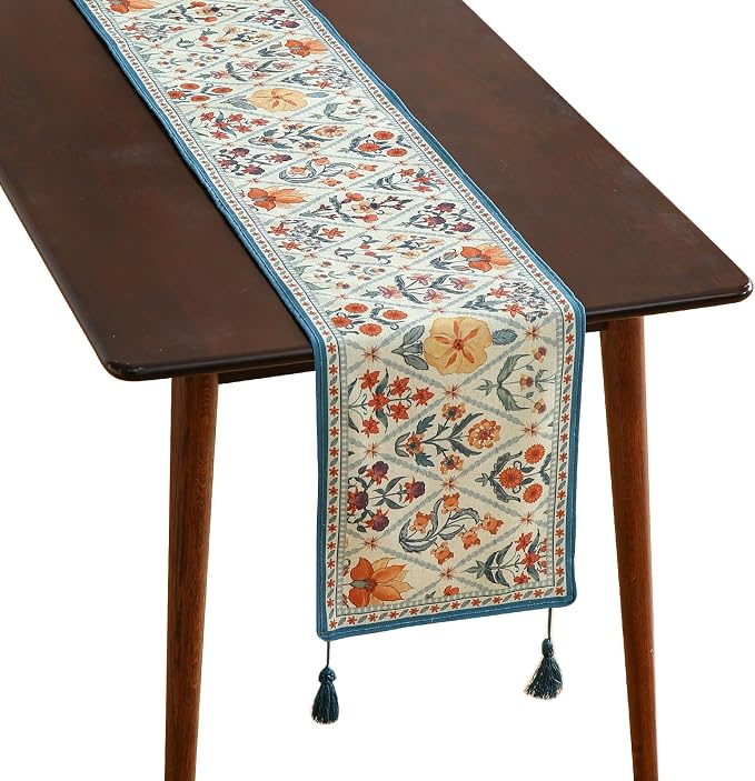 Designer French Linen Long Table Runner, Colorful Floral Pattern, Dining Table by Isaennehomedecoration