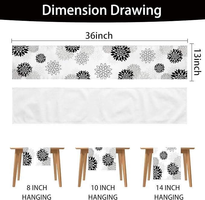 Dahlia Flower Table Runner 13x36 Inch Farmhouse Black Gray Runners Modern Table - Image 7