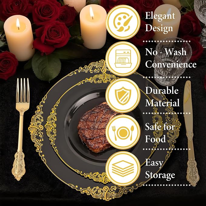 Nervure 100Pcs 7.5'' Black Plastic Plates, Disposable Plates - Image 8