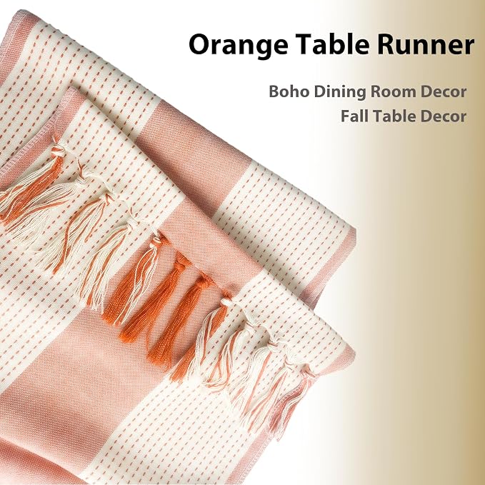 Orange Fall Table Runner 72 Inches Long, Boho Farmhouse Seasonal Thanksgiving - Image 3