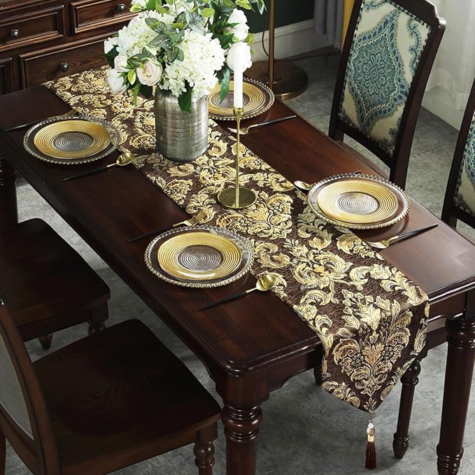Dark Brown Coffee Table Runner Chenille Retro Golden Flowers 98 inches Long | - Image 3