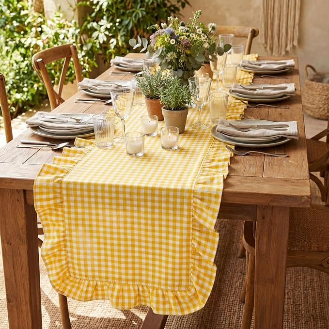 HunnmingRe 1 Pc Gingham Table Runner Yellow, 72 X 13.8 Inch | Cotton Dresser - Image 8