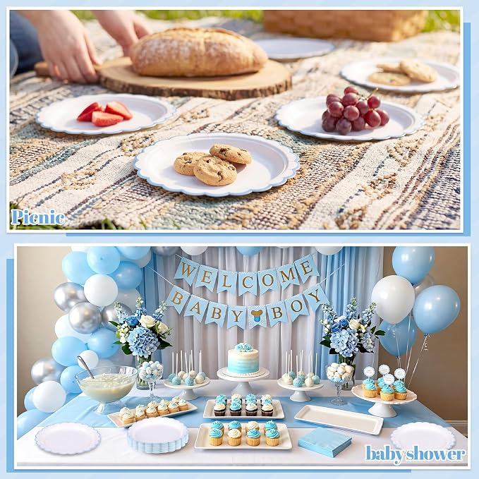 NatNarr 30 PK Light Blue Plates 7" Scalloped Blue White Dessert Cake Plates | - Image 8