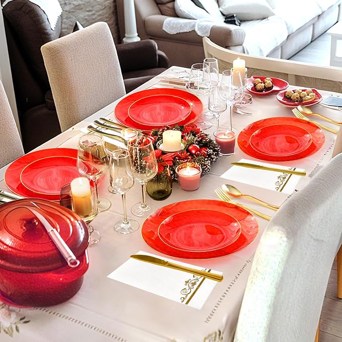 150 Pcs Red Plastic Dinnerware Set, Disposable Plates - Image 6