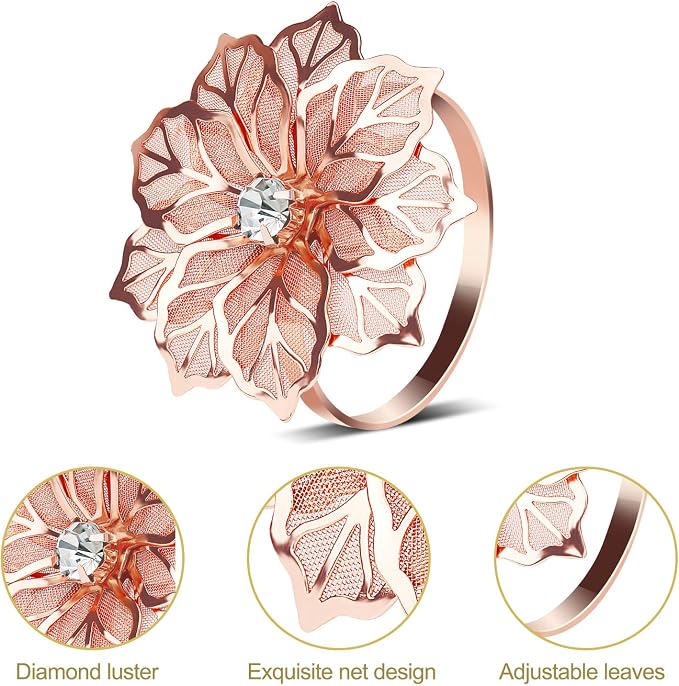 KPOSIYA Flower Napkin Rings Holder Metal Rose Gold Napkin Rings Set of 12 - Image 5