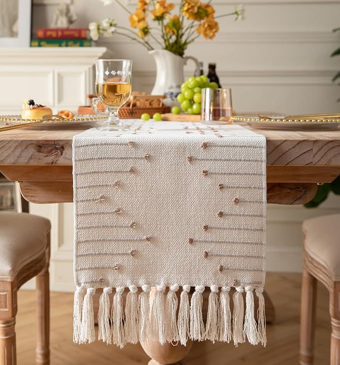 Boho Table Runner 13 x 72 Inch Long Natural Cotton Woven Runner by Caflife