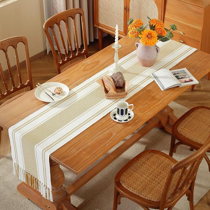 Gold Table Runner with Tassels, 90 Inches Long Farmhouse Macrame Cotton Linen - Image 6