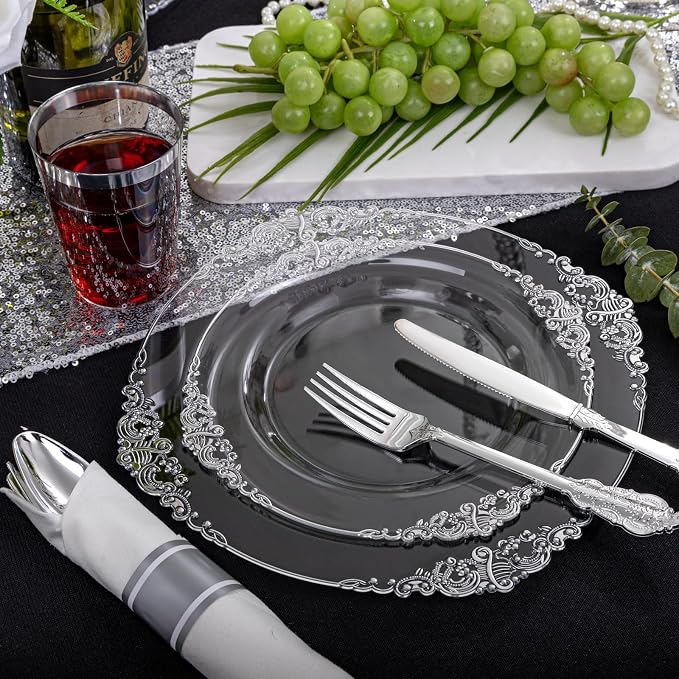 Morejoy 350PCS Clear Silver Plastic Plates - Image 2