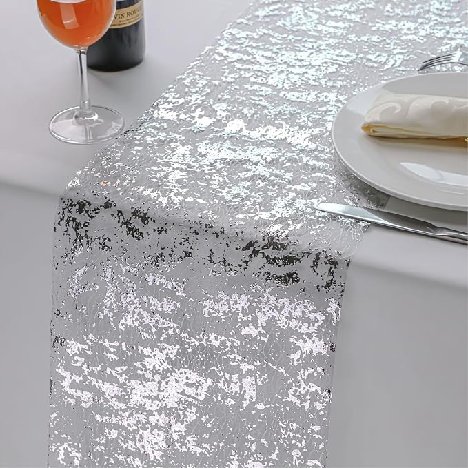 Snowkingdom Silver Table Runner, Sequin Glitter Foil Metallic Runner 11 Inch x - Image 3