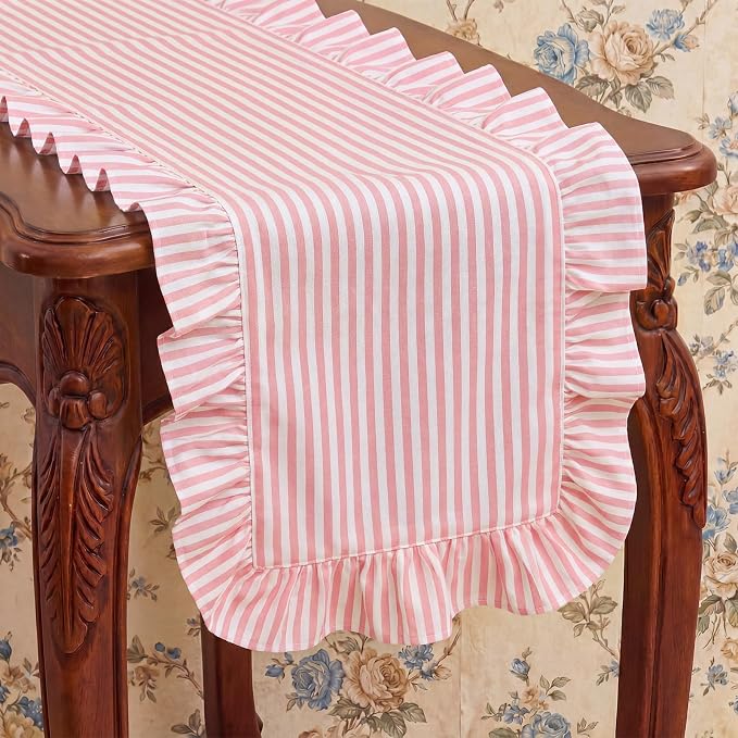 HunnmingRe Ruffle Trim Boho Table Runner Farmhouse Rustic Stripes Scalloped - Image 5
