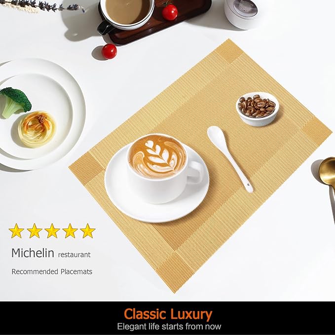 Gold Vinyl Placemats Set of 6, Heat Resistant Table Placemats | 18x12 inch - Image 2