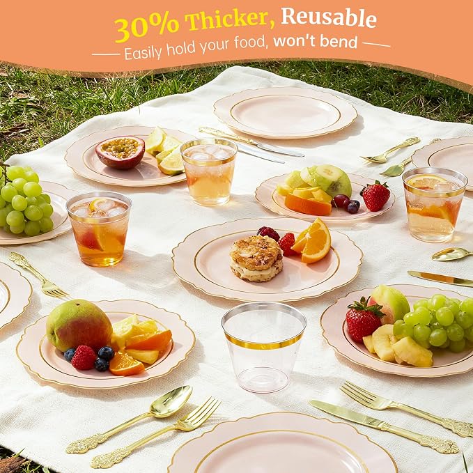 AIRE Pink Gold Plastic Plates Set, sturdy leakproof cutlery, fancy party - Image 5