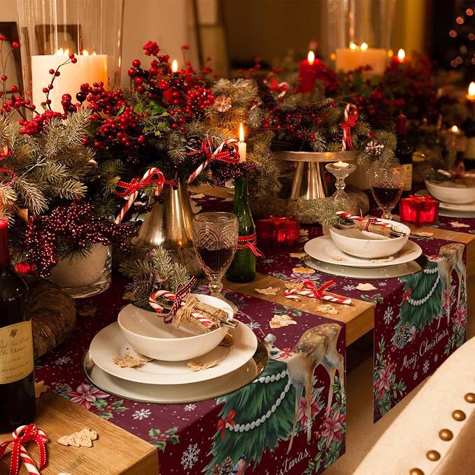 Christmas Reindeer Table Runners 70 Inches Long, Cotton Linen Fabric Red Table - Image 2