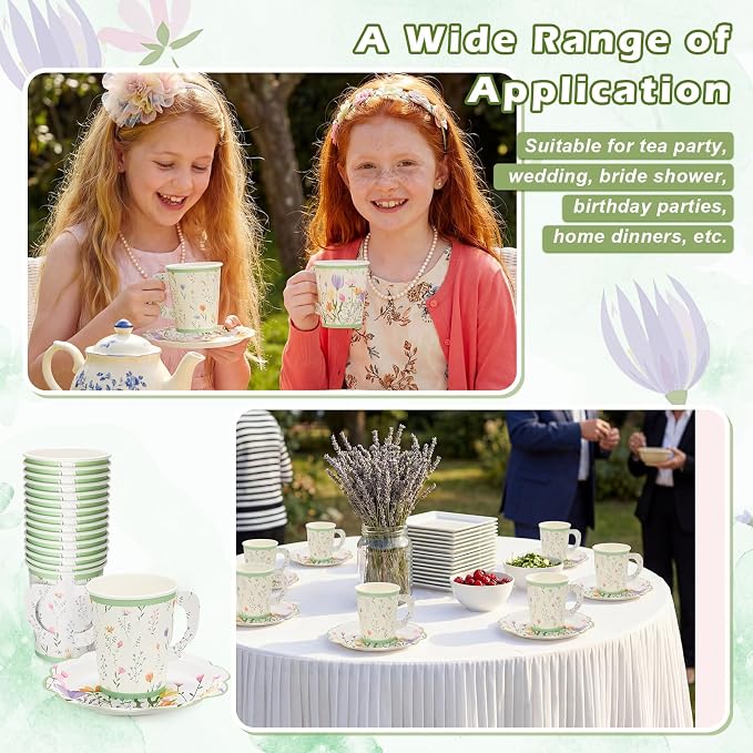 FillTouch 24 Sets Wildflower Floral Paper Tea Cups and Saucers Disposable Paper - Image 7