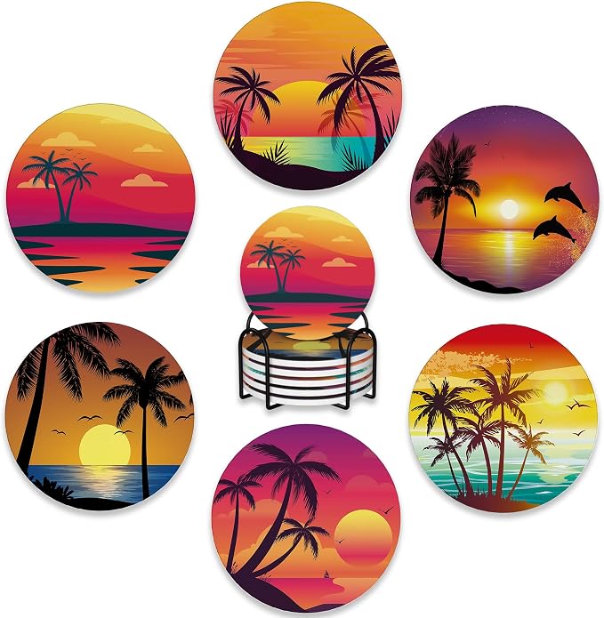 Drink Coasters Set of 6 with Holder, Beach Palm Trees Sunset Landscape by BUYIDUI