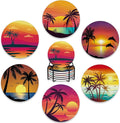 Drink Coasters Set of 6 with Holder, Beach Palm Trees Sunset Landscape by BUYIDUI