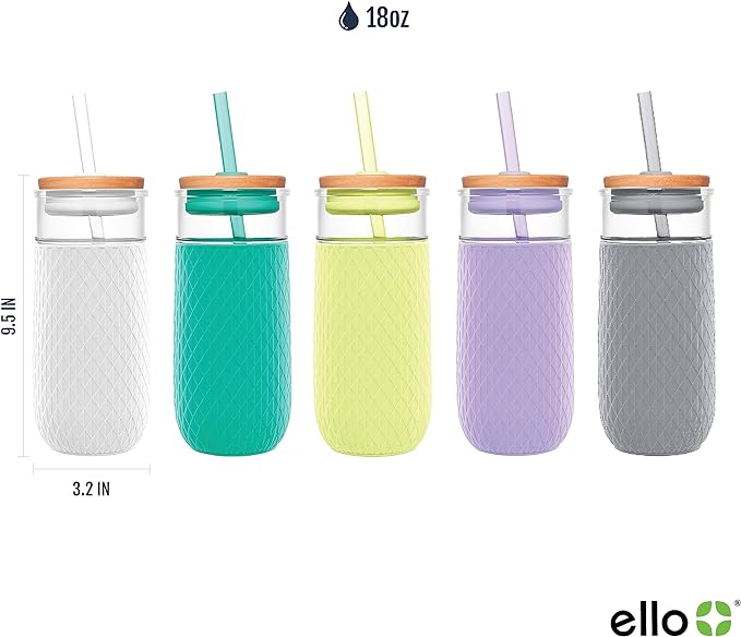 Ello Devon Glass Tumbler with Splash Proof Wooden Lid and Straw, Protective No - Image 3
