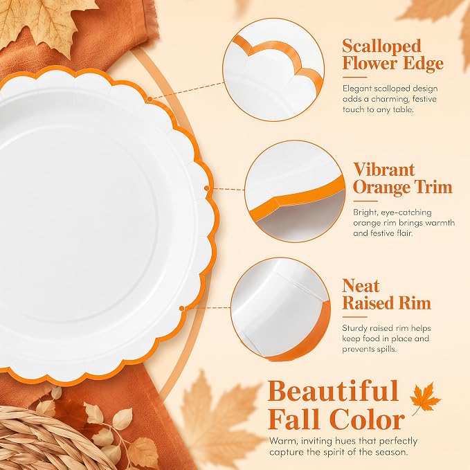 30 Pack Orange and White Paper Plates 7 Inch, Disposable Scalloped Plates - Image 3