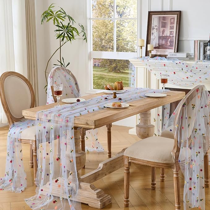 BINBE 1pcs Daisy Spring Table Runner Embroidery Gauze 10FT Florals Seasonal - Image 6