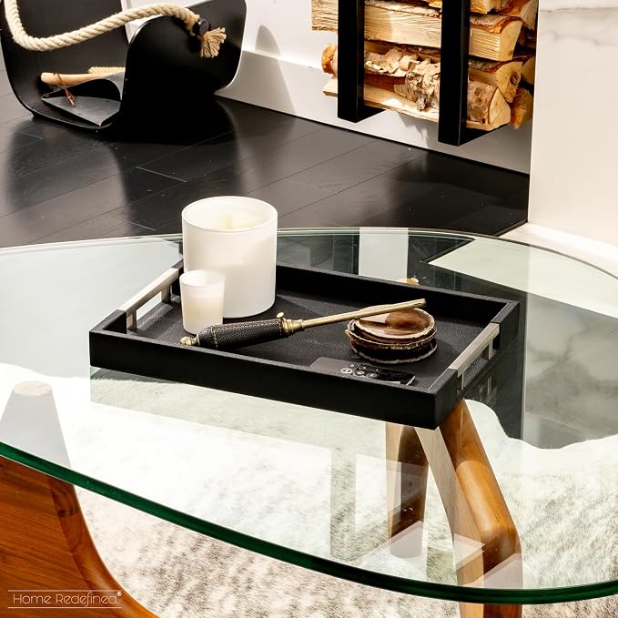 Modern Elegant 17.5"x12" Black Rectangle Shagreen Faux Leather Decorative Tray - Image 2