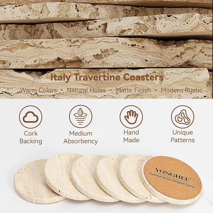 Natural Travertine Marble Coasters Set of 6, Earthy Beige, Bedroom Nightstand - Image 3
