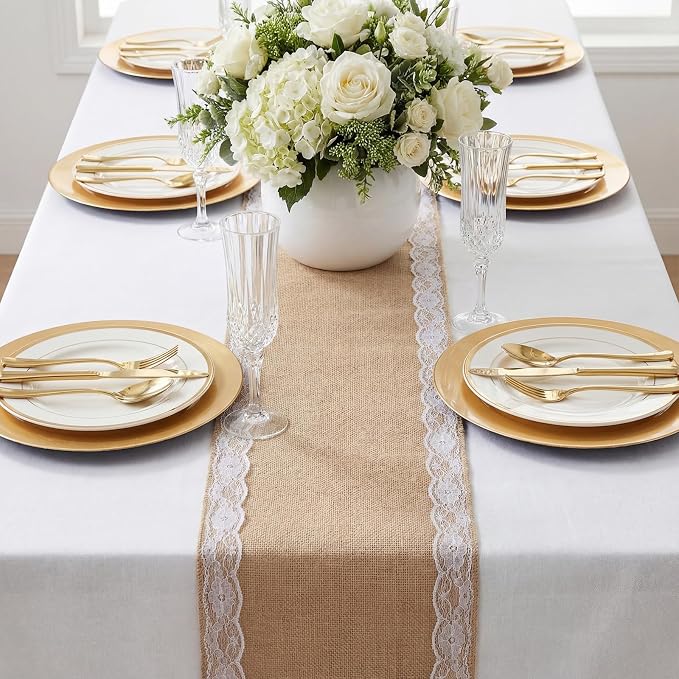 Tatuo 6 Pcs Lace Burlap Table Runner 12'' x 72'' Rustic Jute Hessian Farmhouse - Image 6