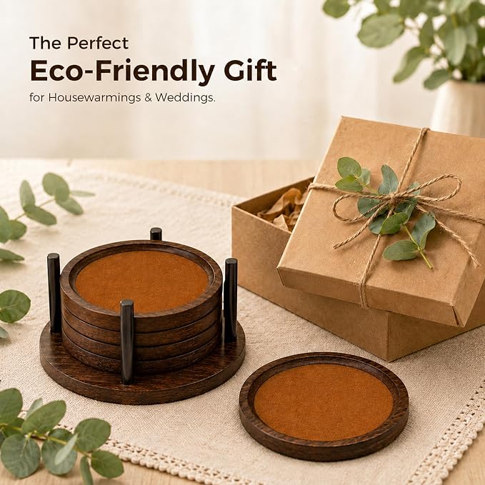 MinBoo Bamboo Coasters for Coffee Table Set of 4 Coasters for Drinks Absorbent - Image 7