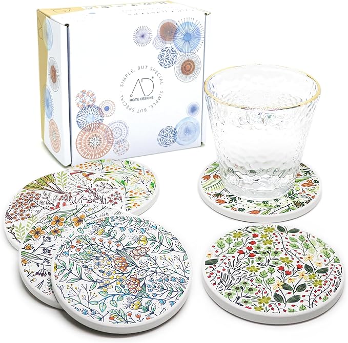 AD Set of 6 Coasters for Drinks Absorbing Round Ceramic Stone Coaster by AD