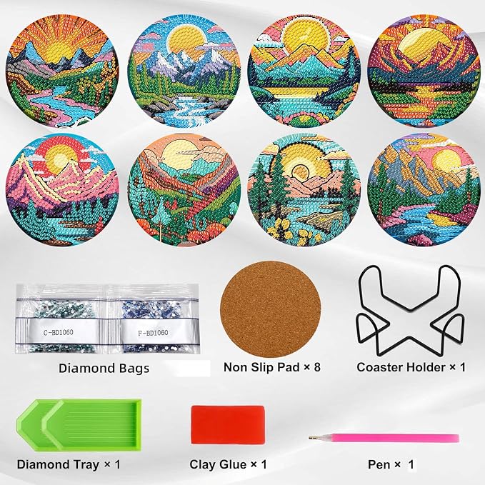 Ekuxom 8 PCS Sunset Diamond Art Coasters Kits- Landscape Diamond Painting - Image 3