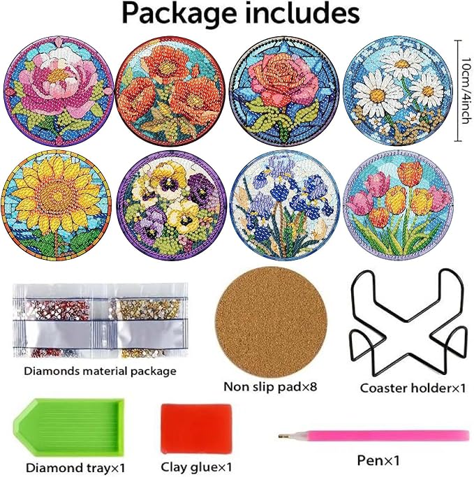 8 Pack Flower Diamond Art Coasters Kits-Diamond Painting Coasters Kit | 5D - Image 2