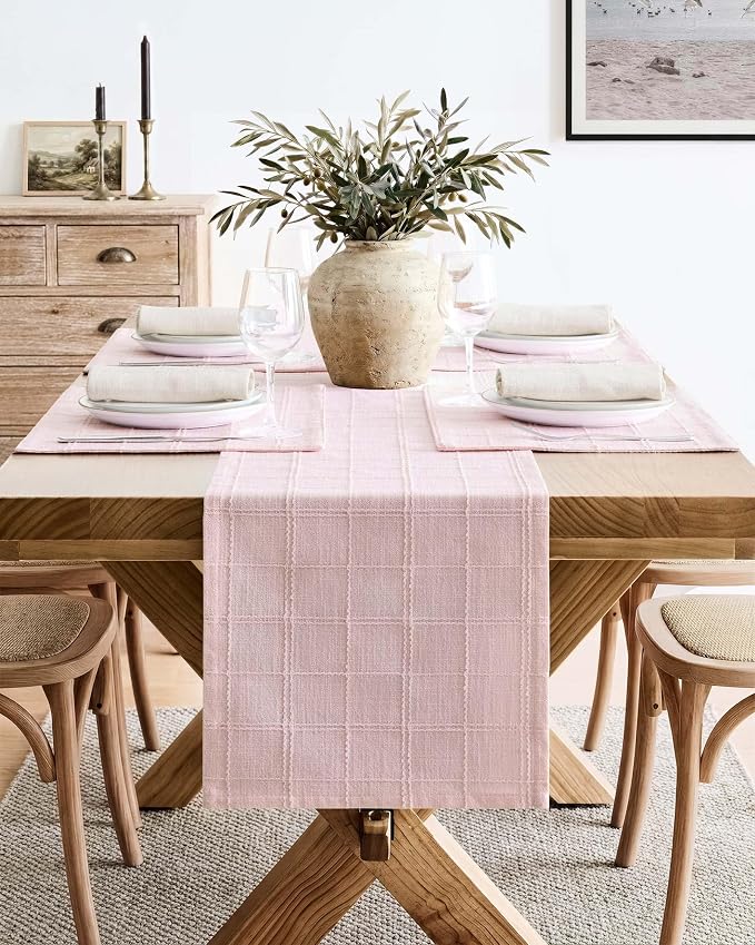Linen Checked Farmhouse Table Runner, 13x48 Inches Pink | Raised Grid Design - Image 2